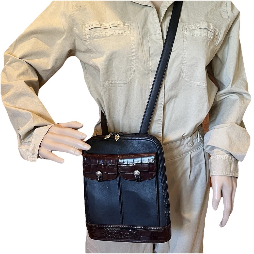 Brighton One World Crossbody Bag Black Brown Leather Trim Y2K Multi Pocket Purse